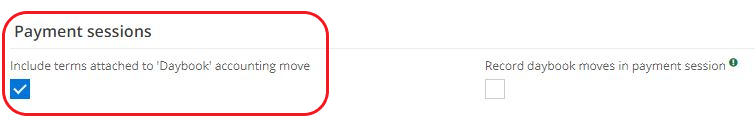1.4. Application config → Apps management → Accounting, configure. Click on a company found in Account Configuration section. Then, on the Accounting Configuration page, on the Accounting tab, in the Payment Sessions section, you will find the “Include due dates attached to Daybook accounting moves” checkbox. When this box is activated, it allows you to settle moves that have not been posted during Payment Sessions.